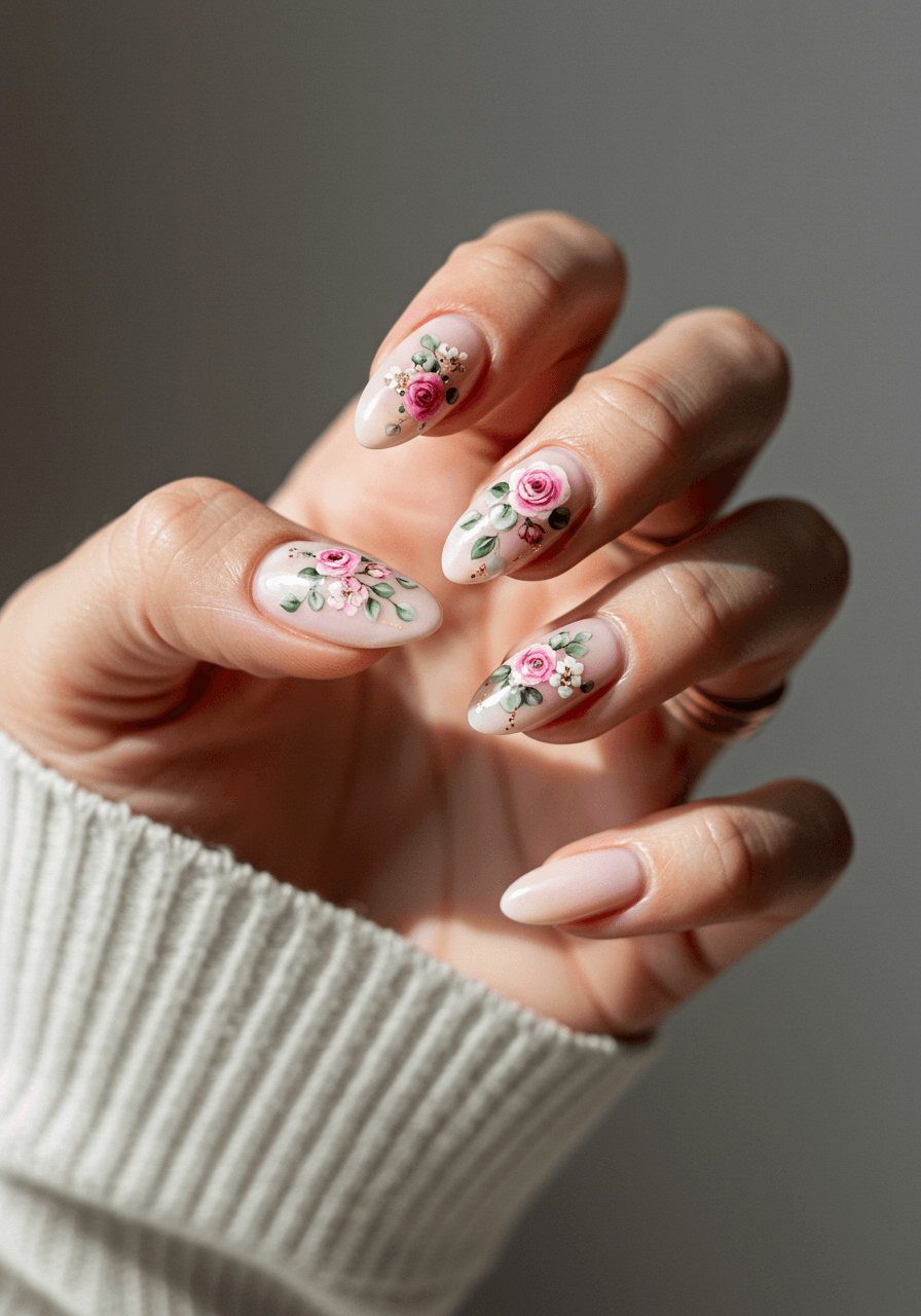 Detailed miniature floral bouquet nail art featuring hand-painted roses and baby's breath in watercolour style with gold accents