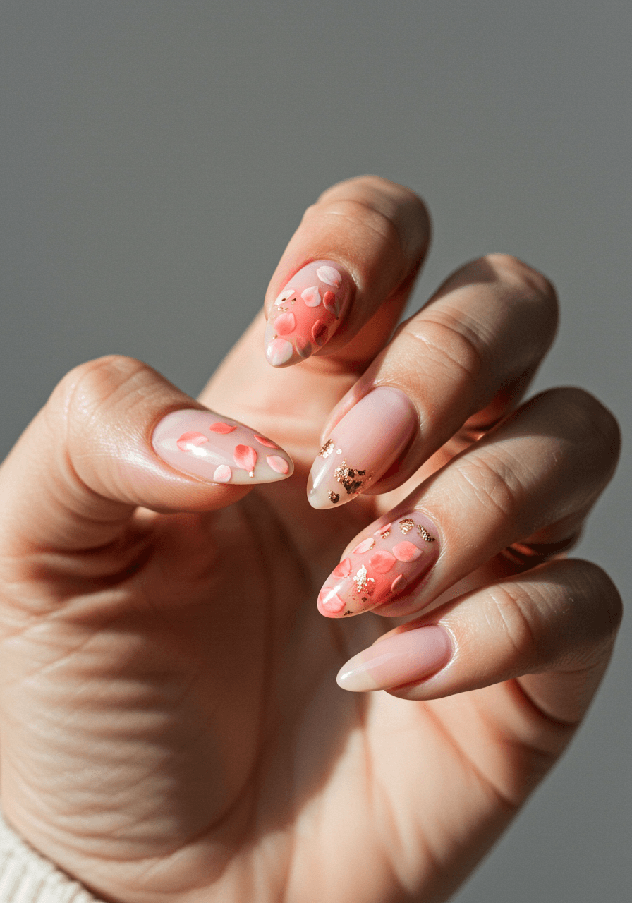 Whimsical petal confetti nail art with scattered pink and coral painted flower petals and delicate gold foil accents
