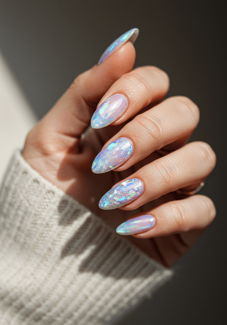 Opal moonstone effect nails with shifting iridescent blues, purples, and silvery whites creating mystical translucent layers