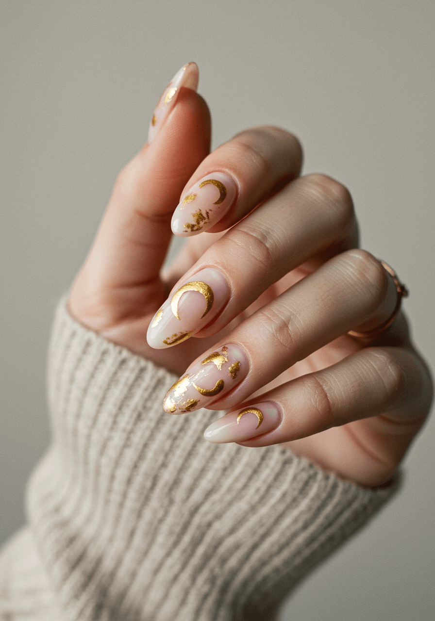 Elegant nude nails featuring hand-painted golden crescent moon designs with metallic shimmer and artistic brushstroke details