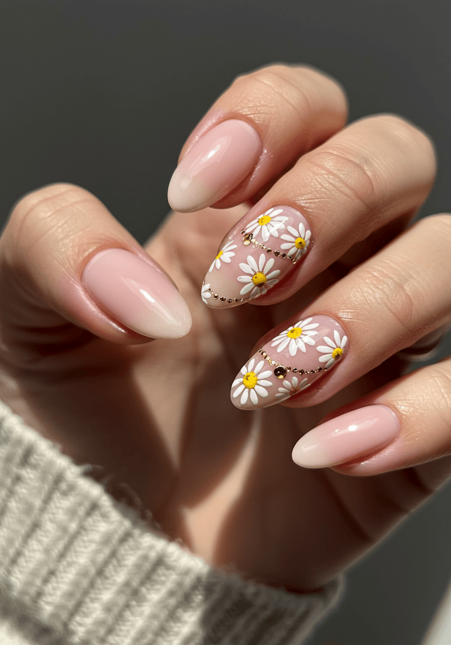 Daisy chain nail art with white daisies connected by golden chains on soft pink and cream base colours