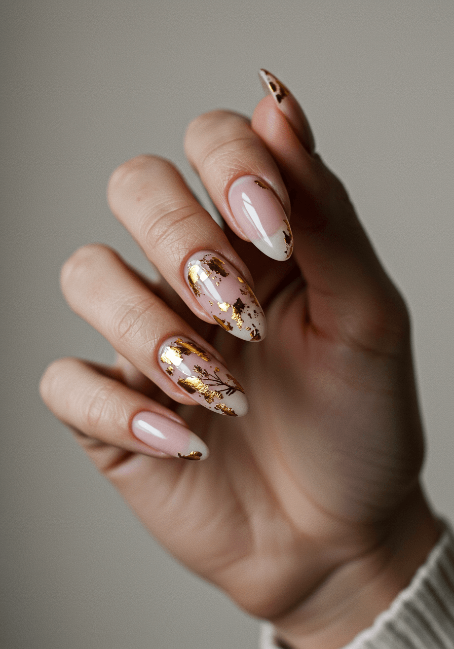 Sophisticated nude nails with intricate gold foil leaf patterns and brilliant glossy finish creating luxury bridal nail art