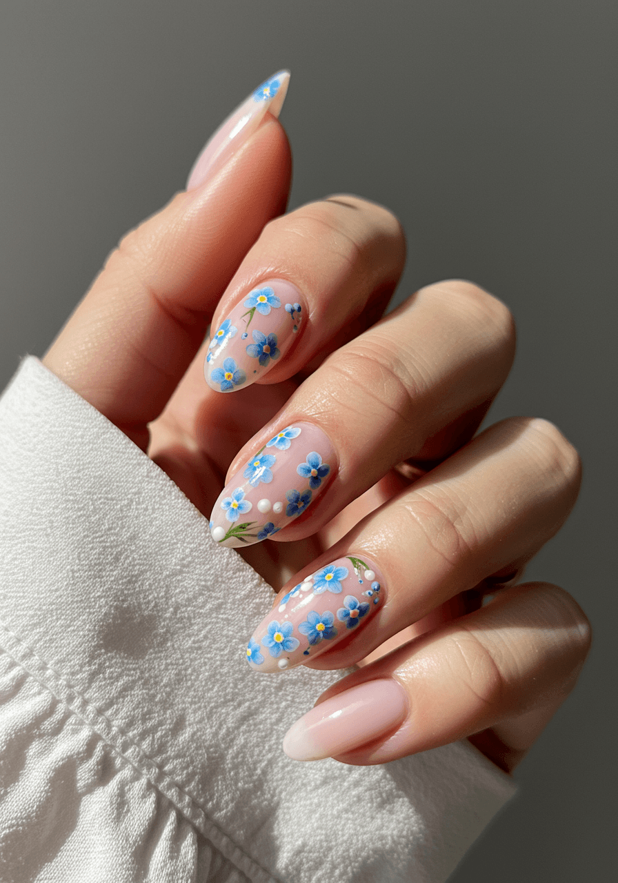 Forget-me-not dot nail art with soft blue flowers and white centres on pale pink base creating delicate floral motifs
