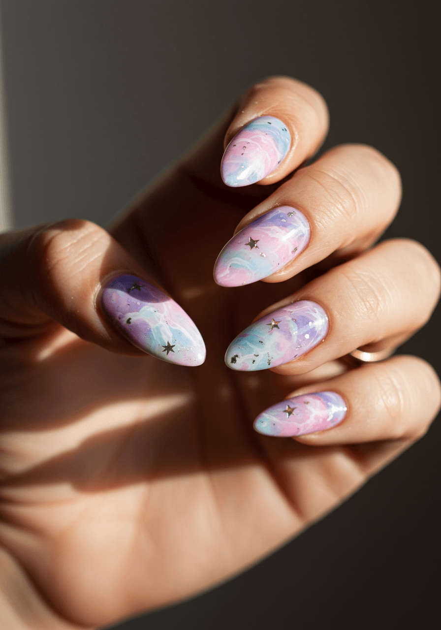 Pastel nebula nail art with swirled purple, pink, and blue cosmic clouds and metallic silver star accents