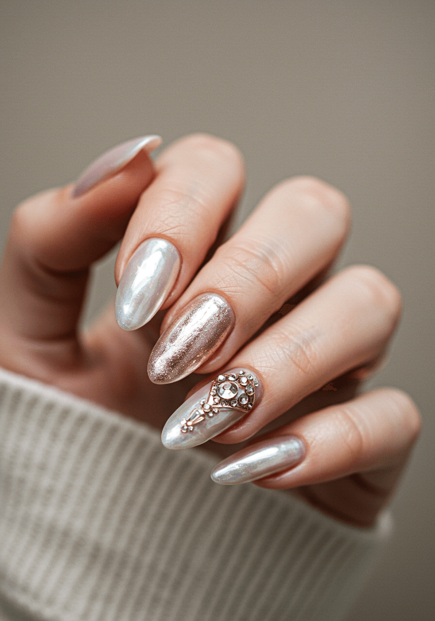 Pearlescent sheen nails with iridescent tones shifting between champagne, rose gold, and silver with lustrous finish