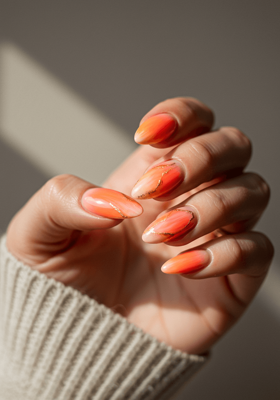 Sunrise gradient nail art with orange to pink transitions, golden metallic highlights, and shimmering peachy tones