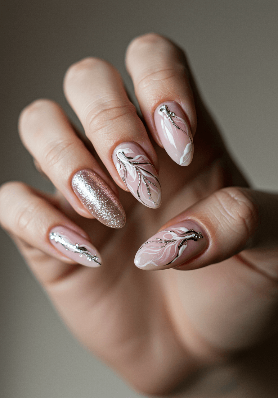Sugar spun glitter nail art with delicate glitter particles on pink champagne base creating whimsical textural effects