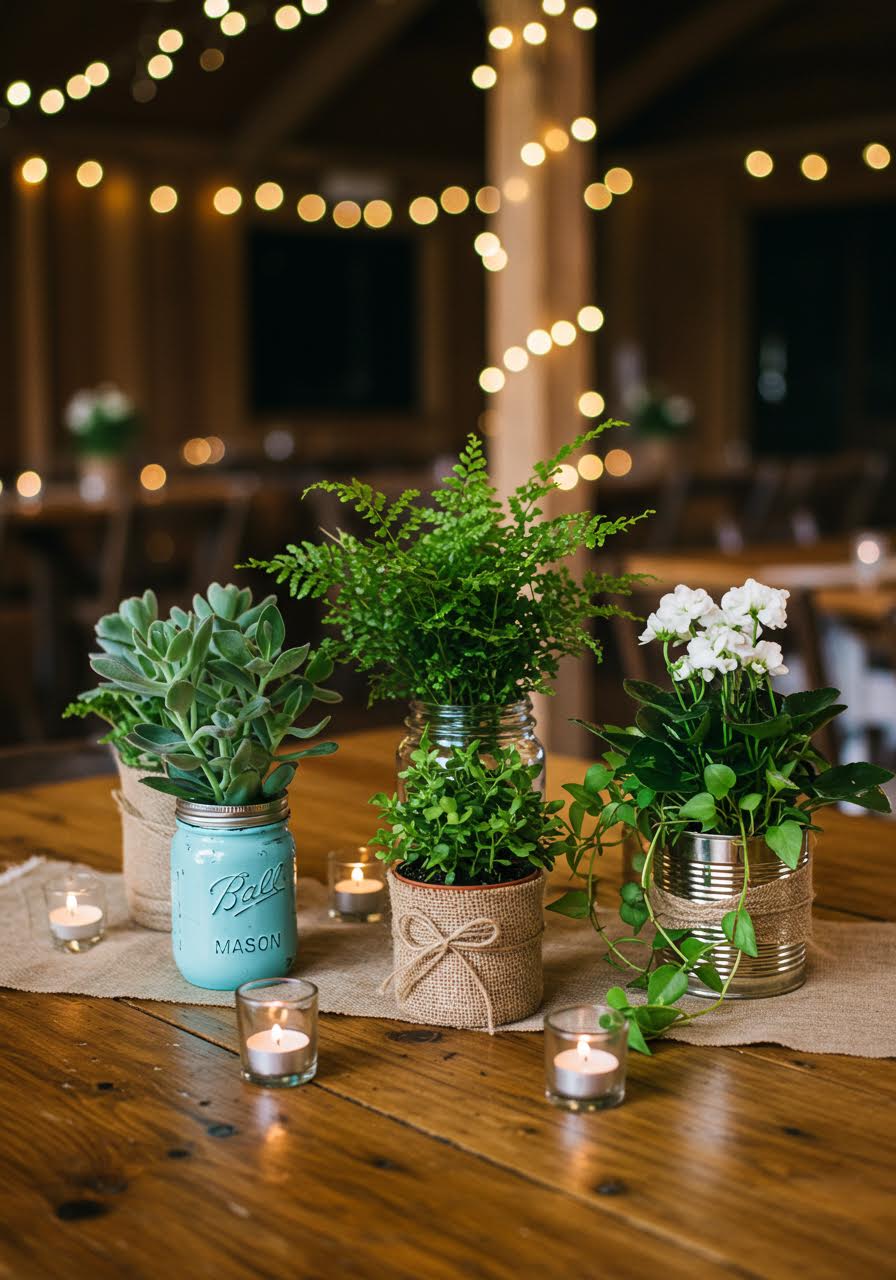 Curated collection of potted plants in varying sizes creating living centerpieces on rustic wooden table