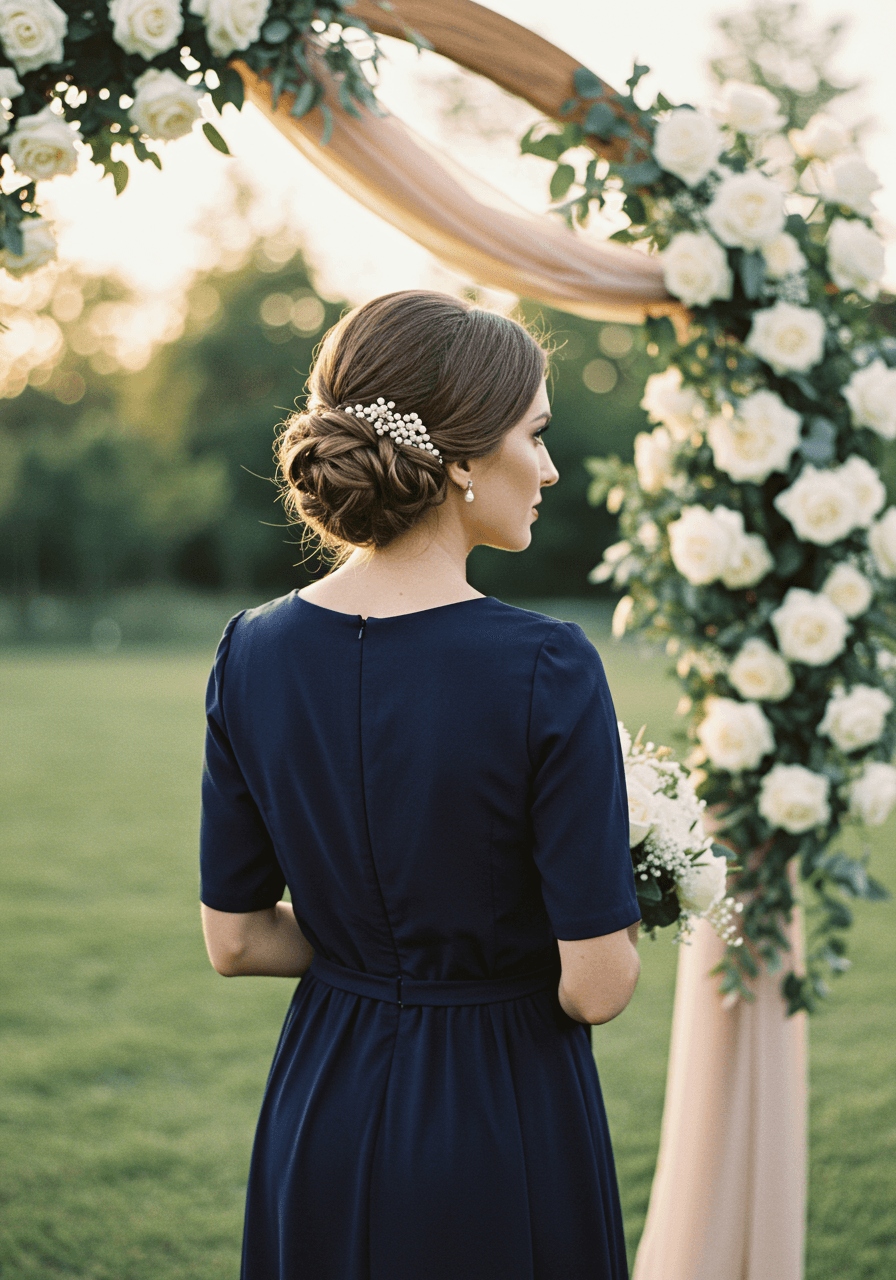 Woman in navy blue midi dress with classic French twist secured with pearl pins beside garden arch with white roses