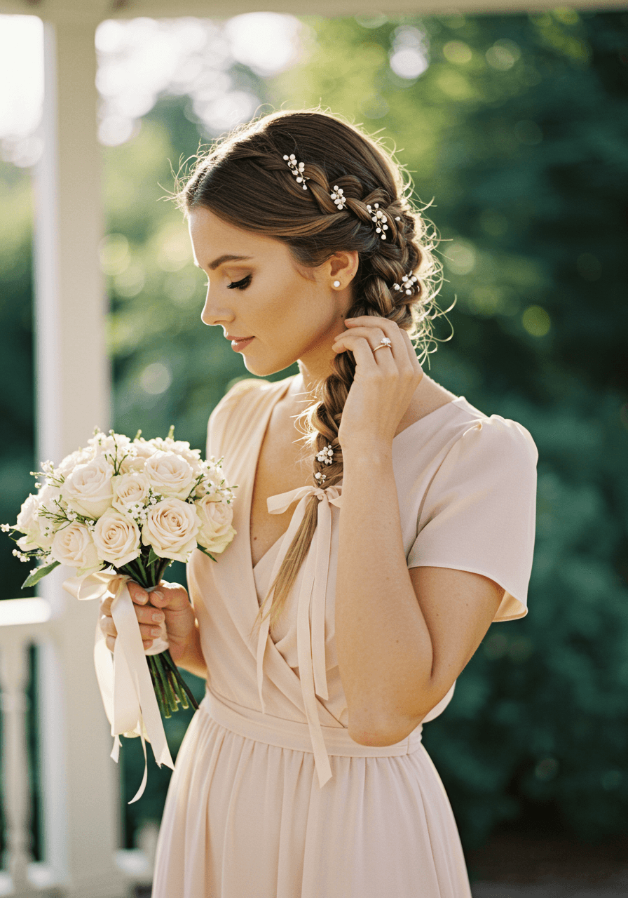 Close-up of intricate side braid with ivory ribbons and pearl accessories in romantic garden setting
