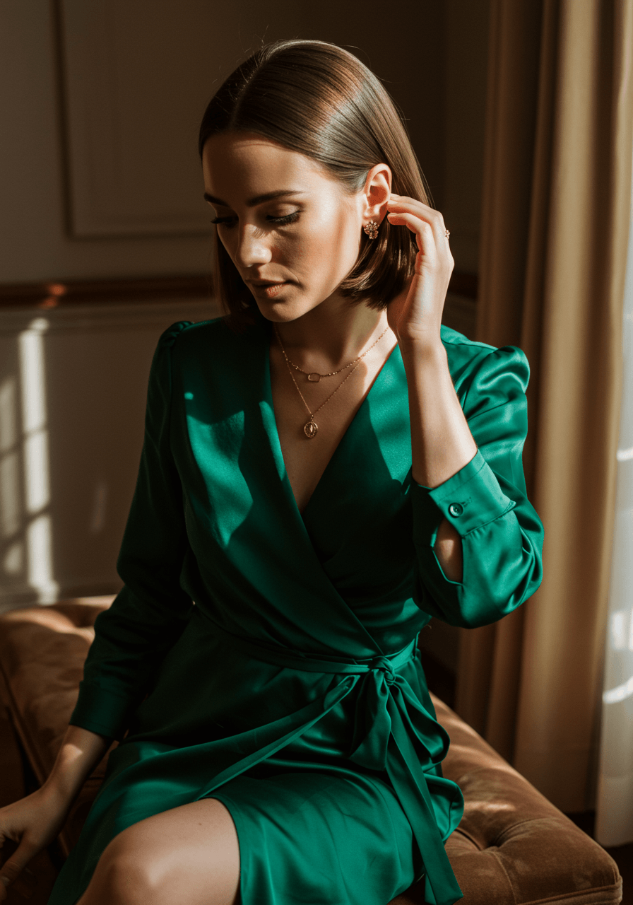 Close-up of sleek straight hair with delicate gold jewellery in rich jewel tone emerald and ivory bridal suite