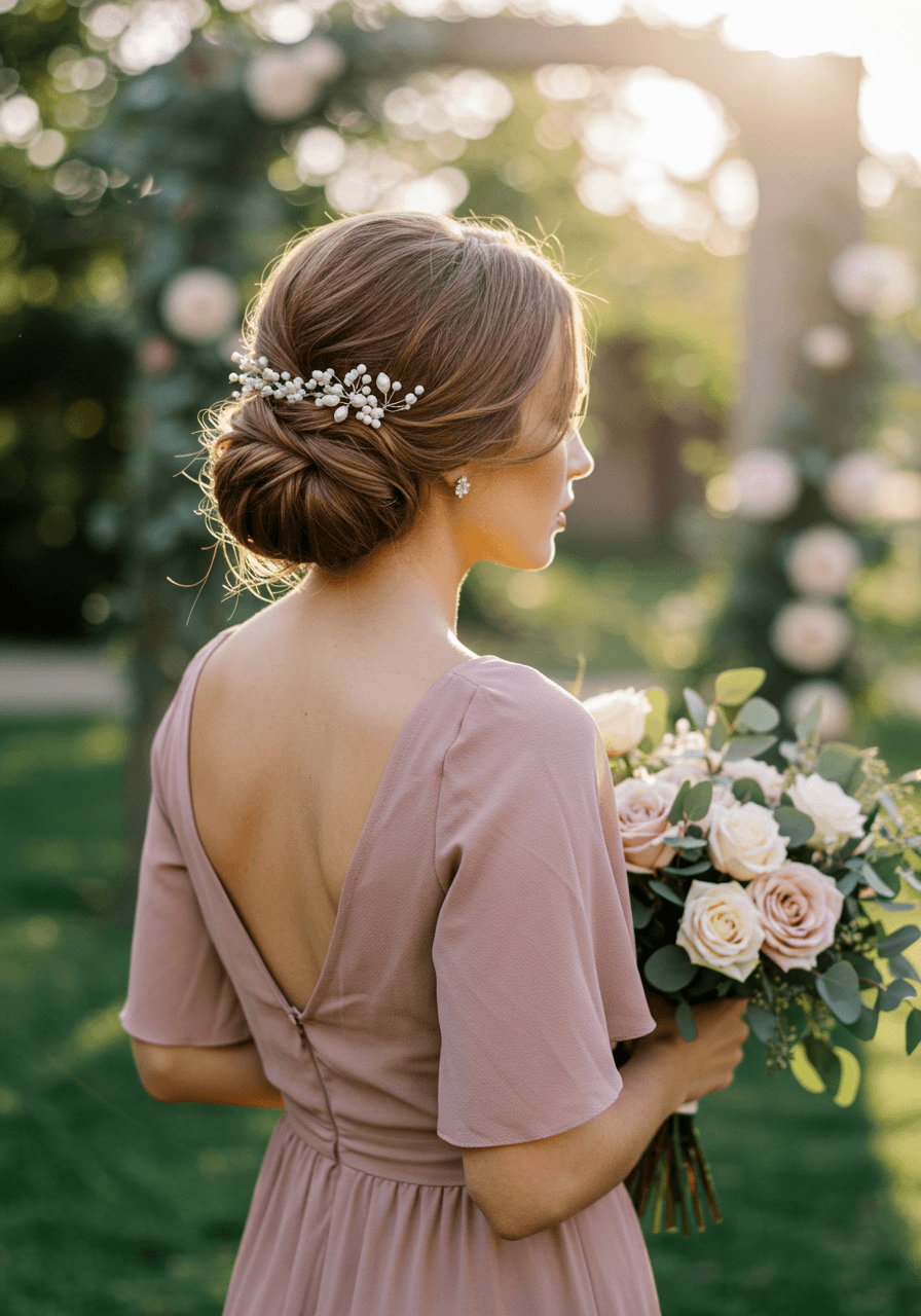 Woman with elegant twisted low bun secured with bobby pins in dusty rose midi dress, sunlit garden courtyard