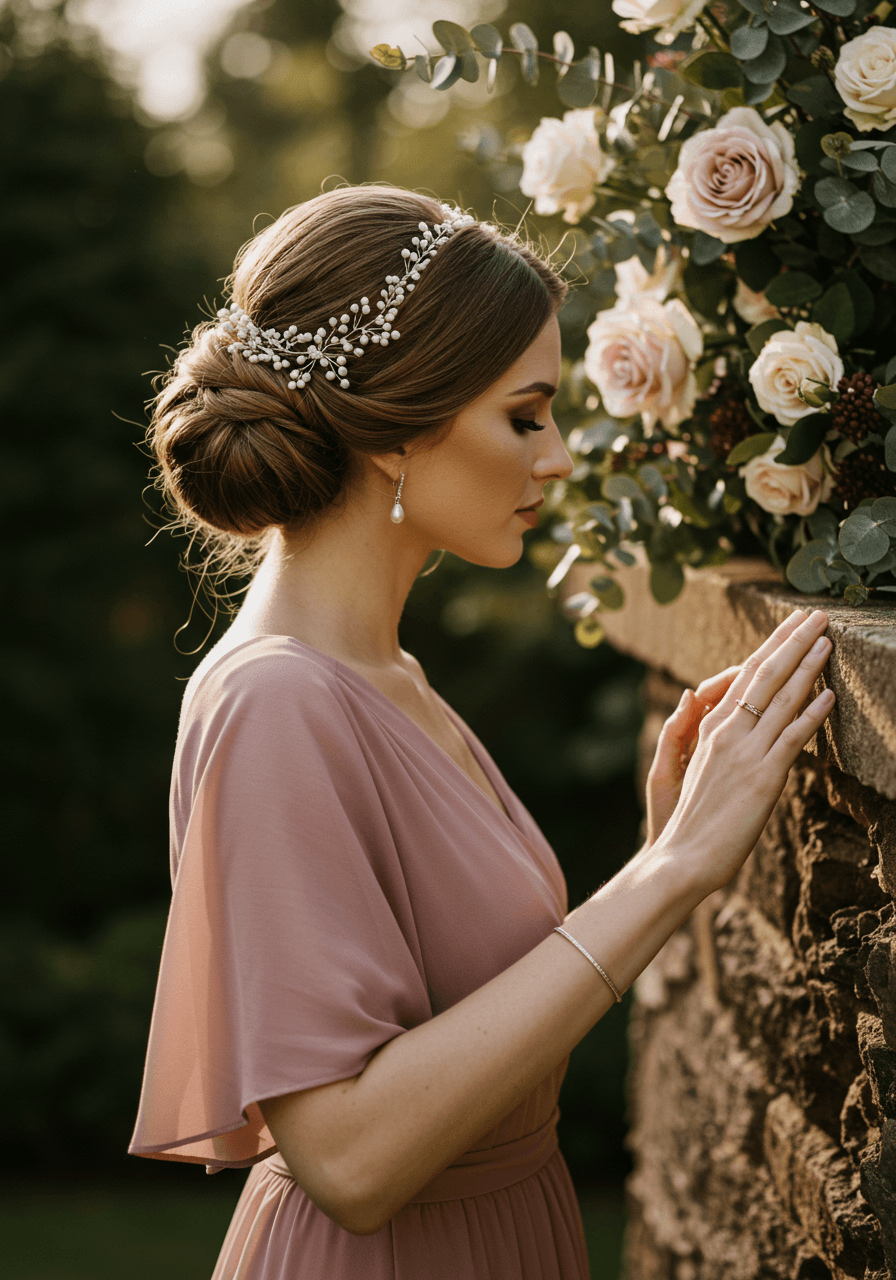 Side profile of sophisticated low bun with pearl accessories and ivory roses in garden setting
