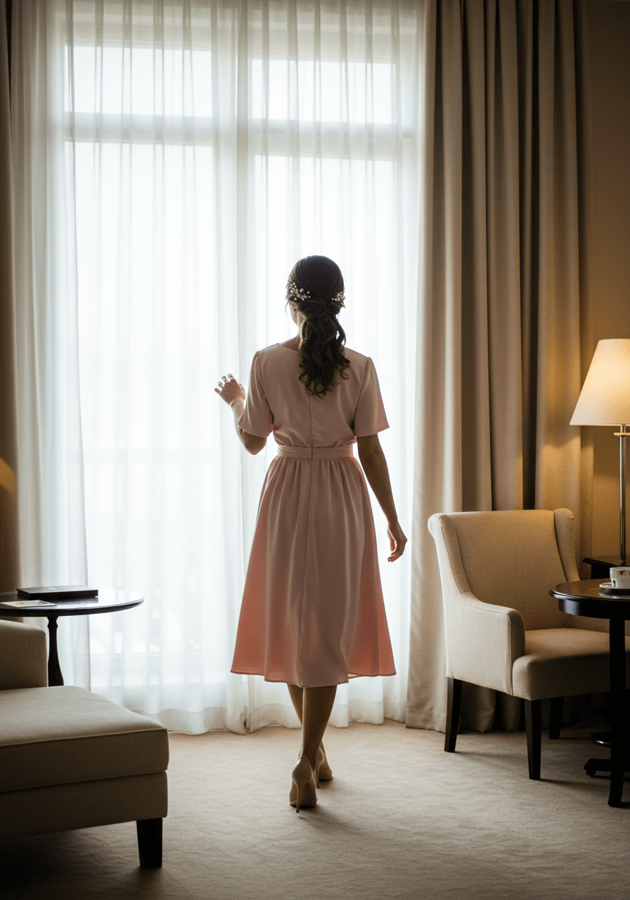 Full view of sleek low French twist with pearl-tipped hairpins in champagne and ivory hotel suite