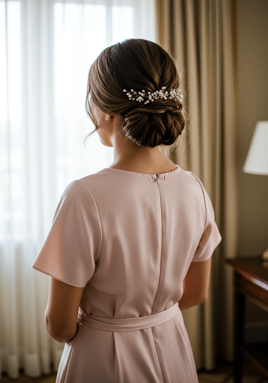 Close-up of intricate French twist on woman in blush pink midi dress in luxurious hotel suite with soft overcast light
