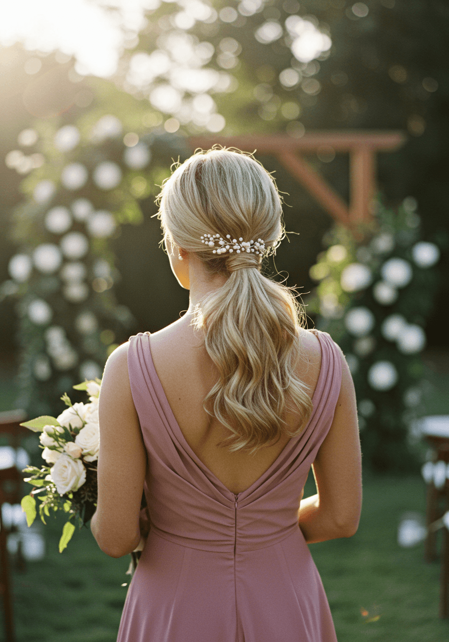 Wedding guest with elegant low ponytail featuring subtle waves and delicate hair accessory in sunlit garden