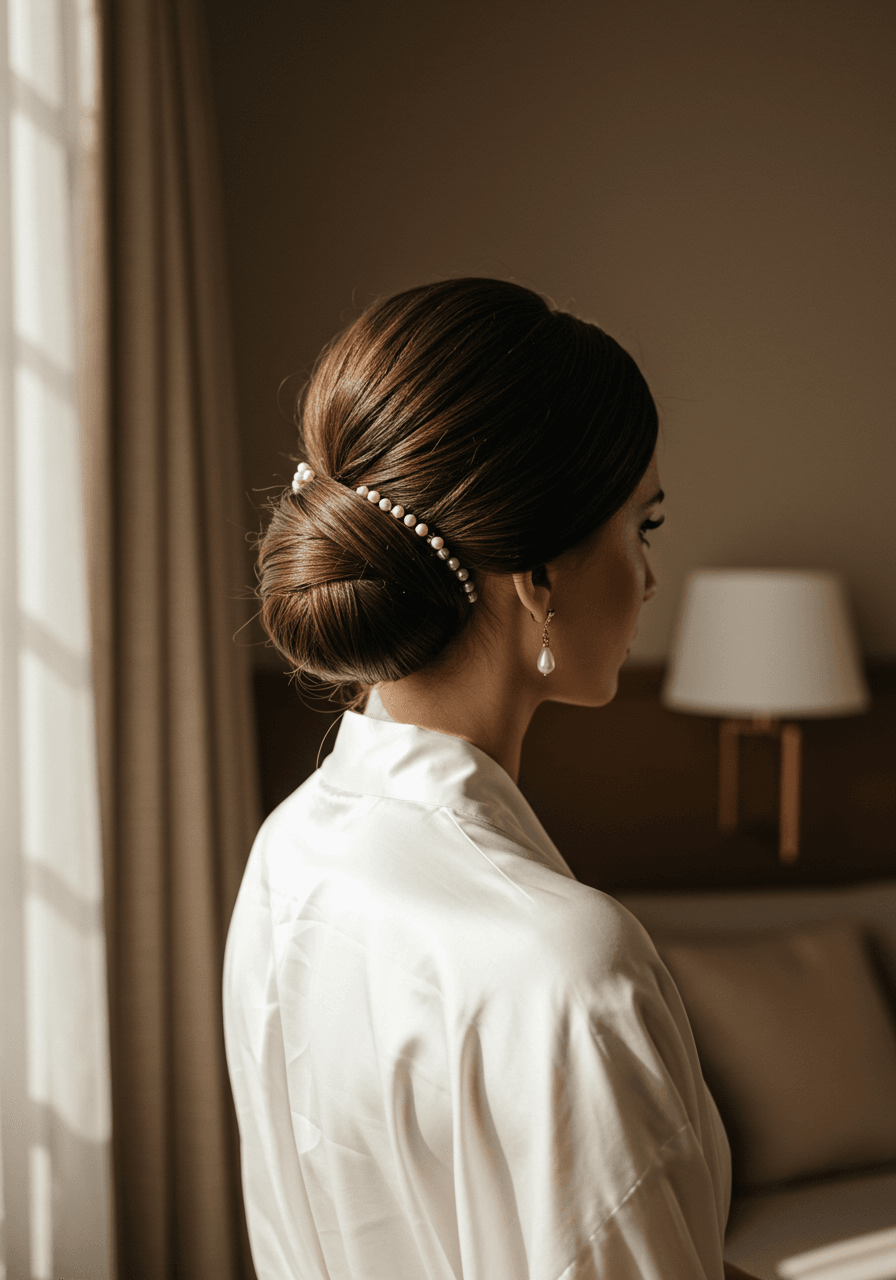 Elegant woman with sleek minimalist twisted updo from behind in sophisticated hotel room with natural lighting