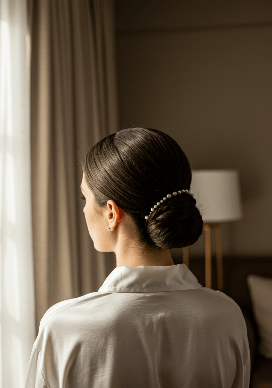 Low angle view of polished brunette updo with pearl accessories in luxurious ivory hotel interior