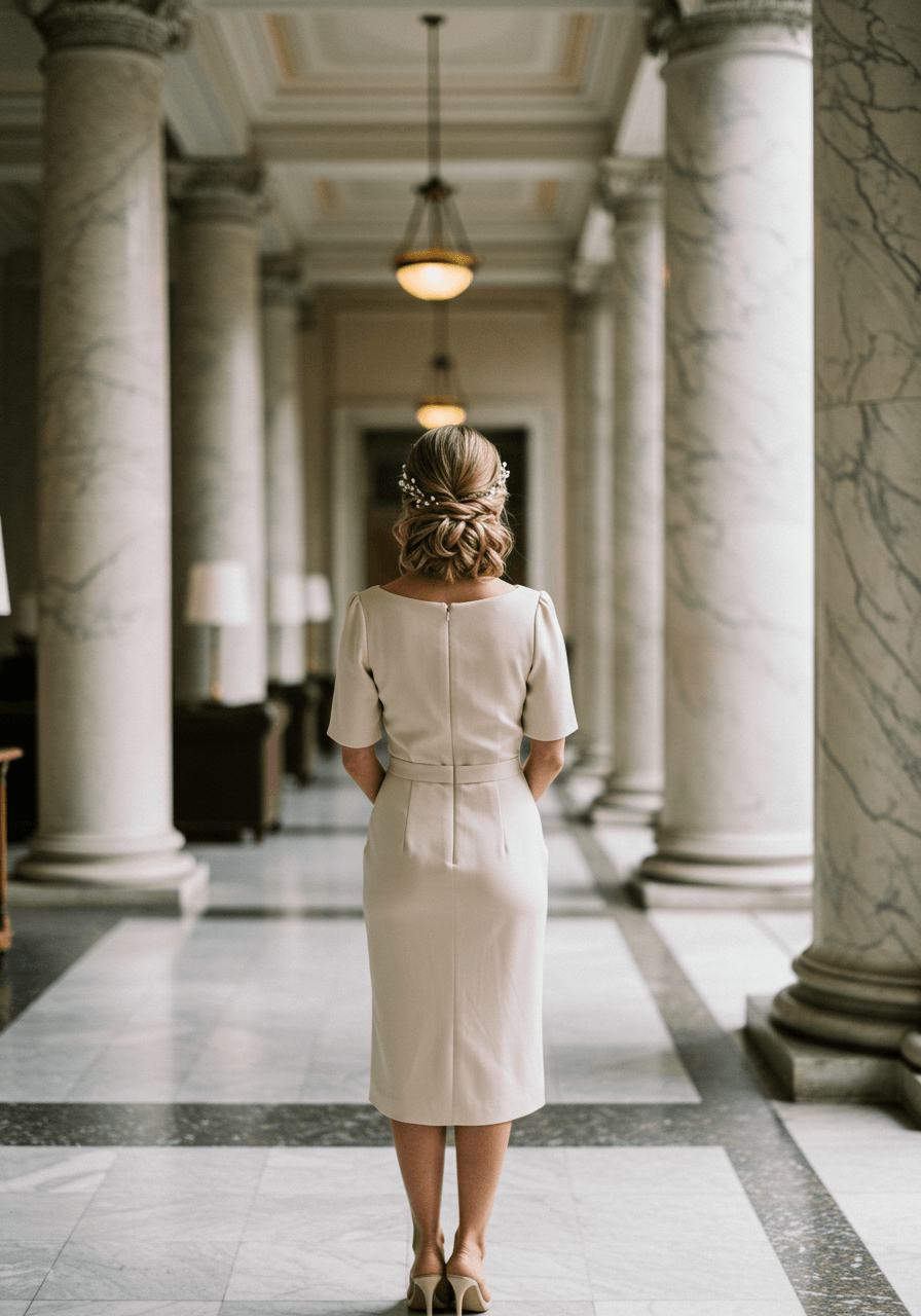 Wedding guest with elegant low chignon in sophisticated midi dress standing in luxurious hotel lobby with marble columns