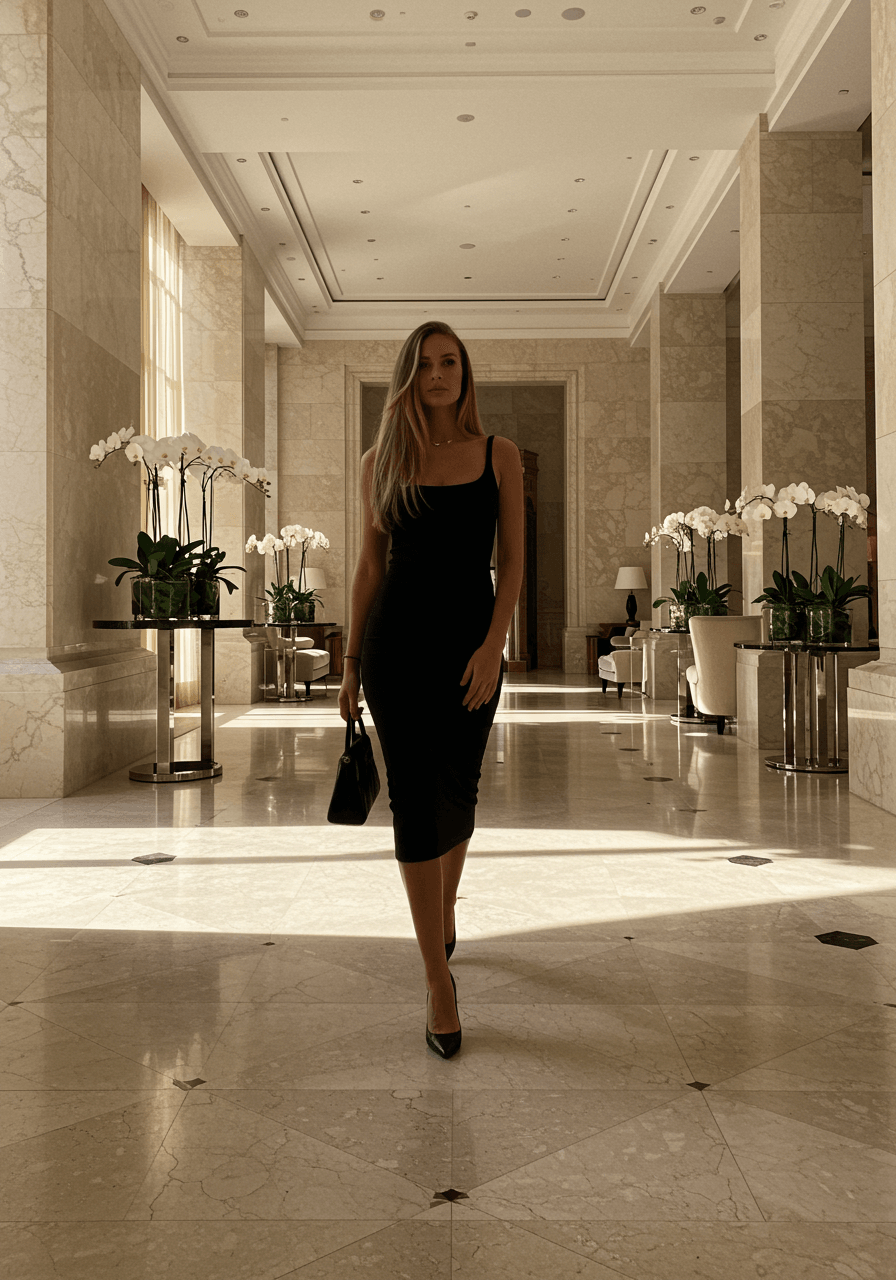 Full length portrait of polished straight hair and minimalist black dress in cream and beige marble hotel lobby