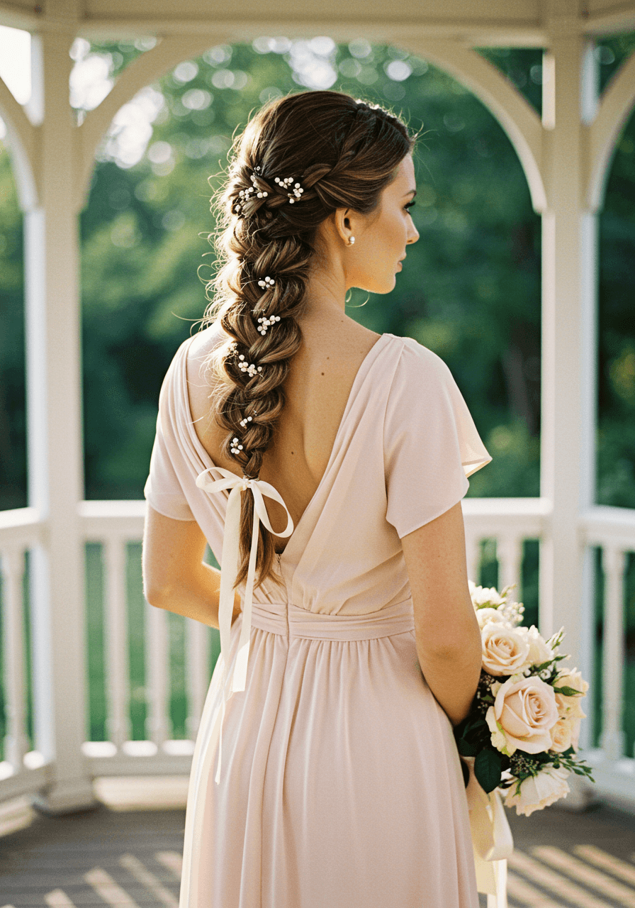Woman with elegant side braid adorned with pearl pins wearing blush pink midi dress in sunlit garden pavilion