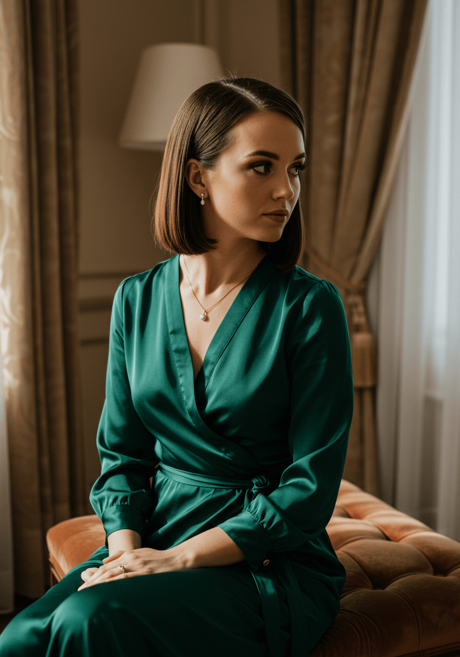Woman in emerald green silk wrap dress with pin-straight shoulder-length hair tucked behind ear on velvet bench