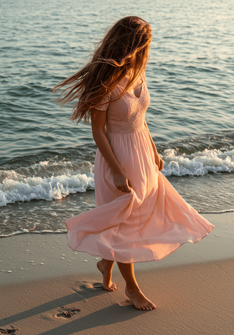 Overhead view of windswept beach wave hairstyle catching golden light with ocean and sand textures