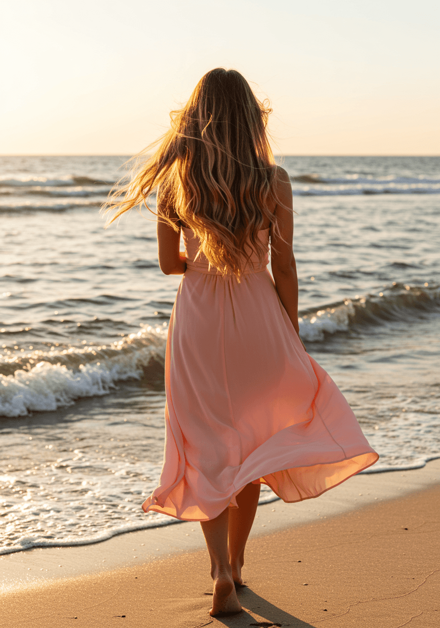 Woman with flowing beach waves in blush pink midi dress standing on sandy beach at golden hour near ocean