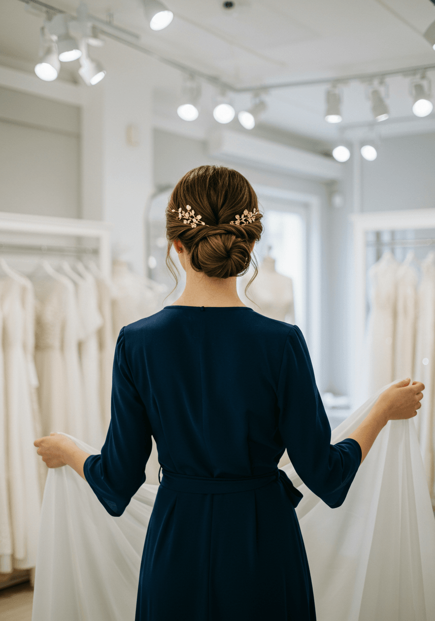 Sleek twisted hair arrangement with gold tone accessories in clean white boutique interior