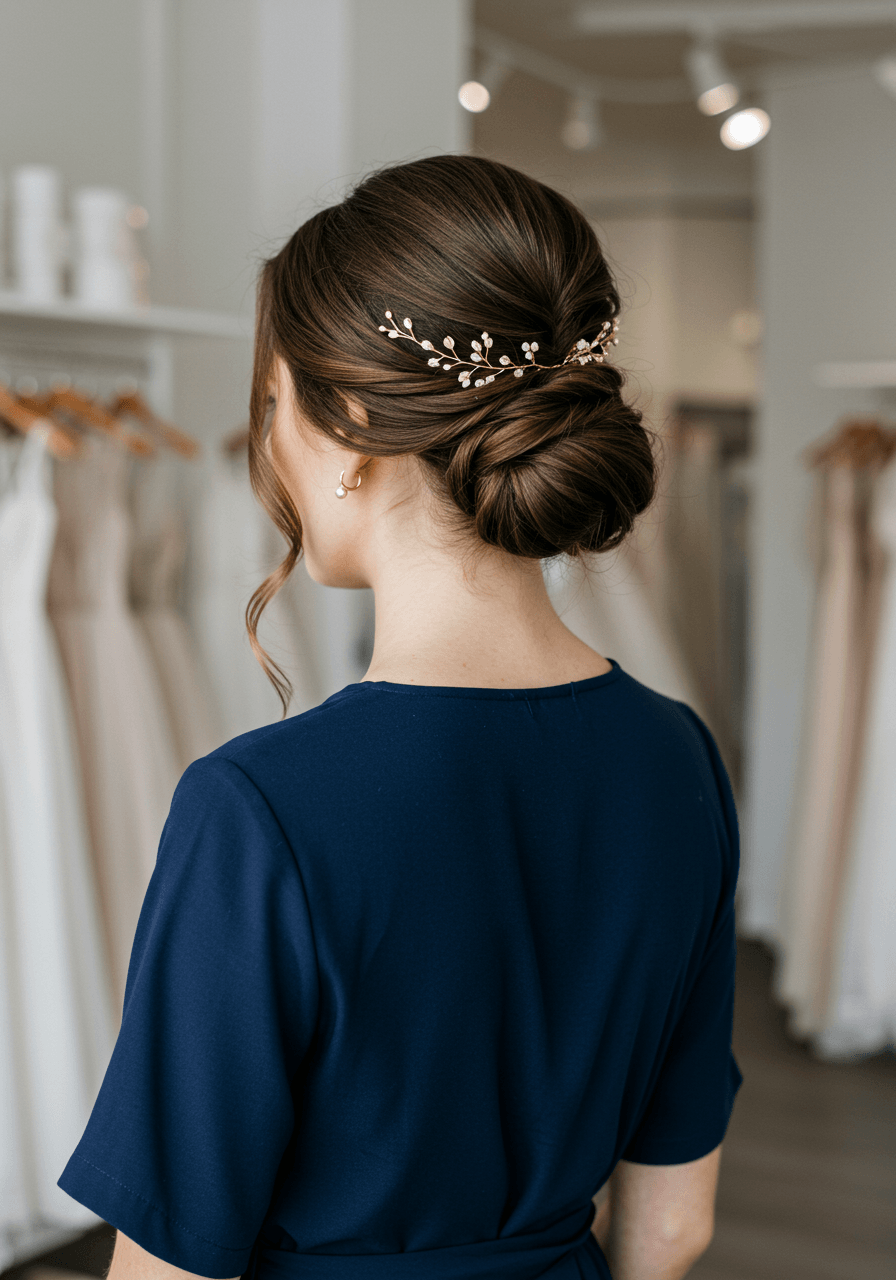 Woman with minimalist twisted updo in navy blue wrap dress standing in bright modern bridal boutique
