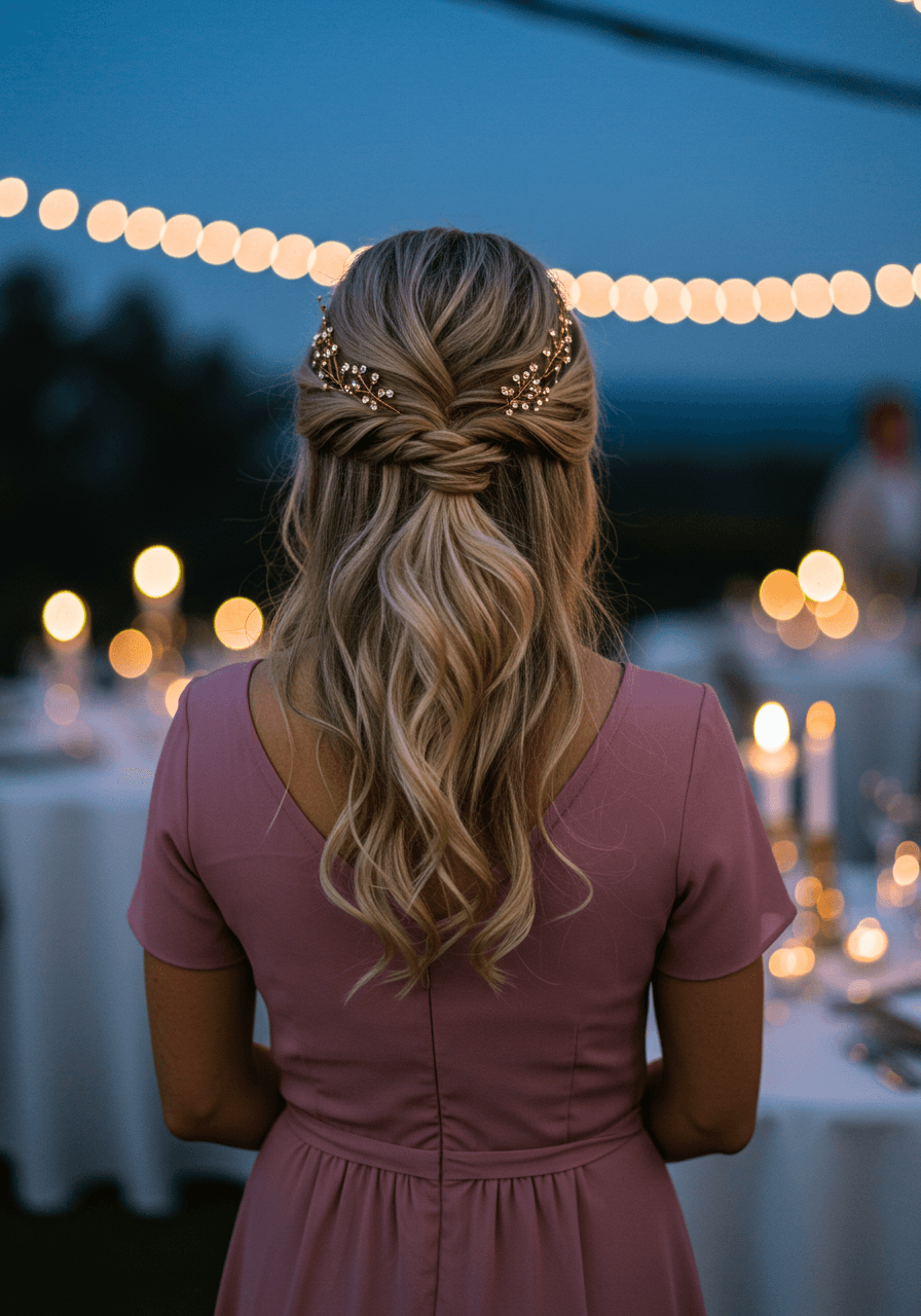 Wedding guest in dusty rose midi dress with twisted half-up hairstyle adorned with small gold barrettes