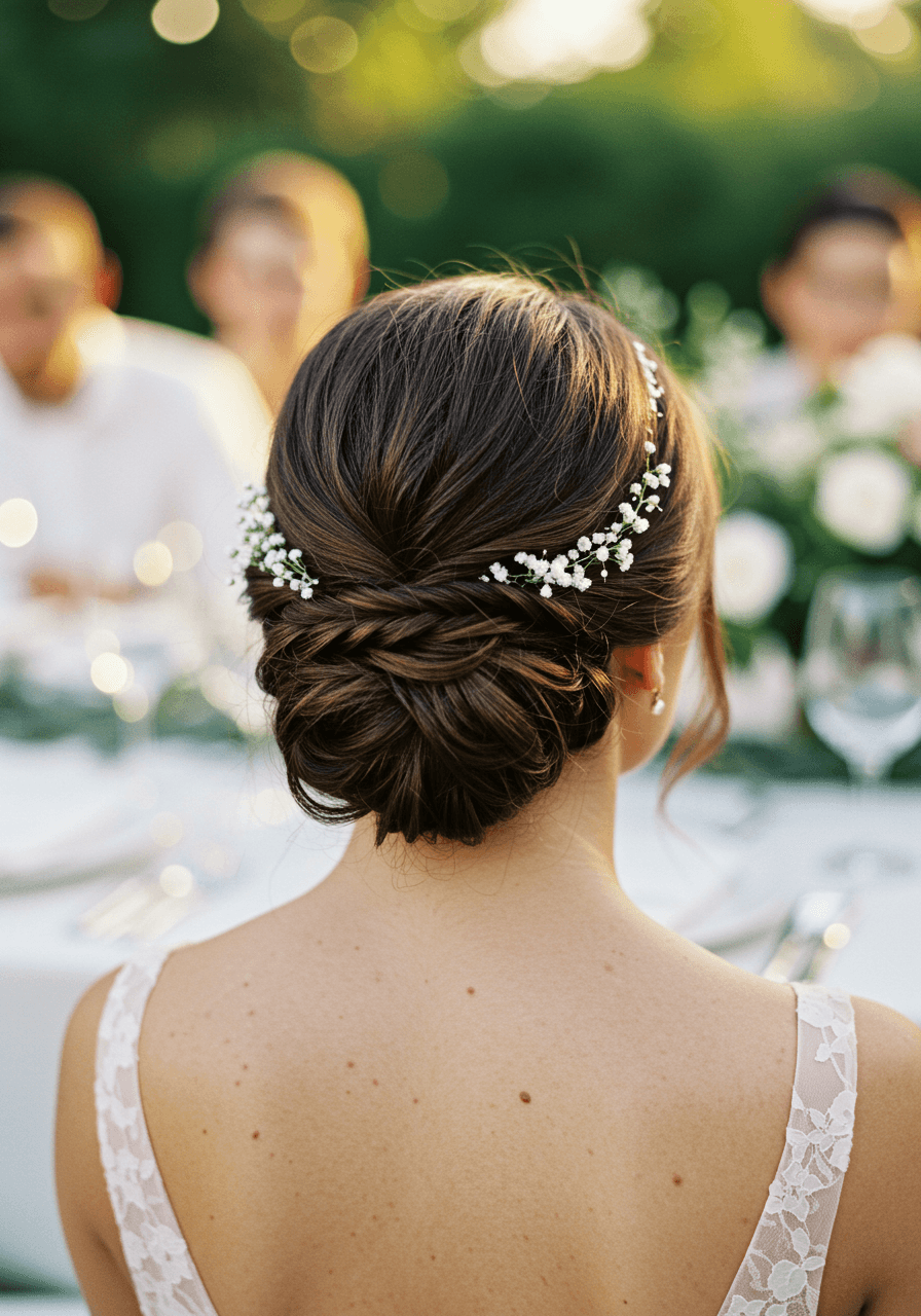 Close-up of refined low chignon with delicate side-swept pieces at outdoor garden reception during golden hour