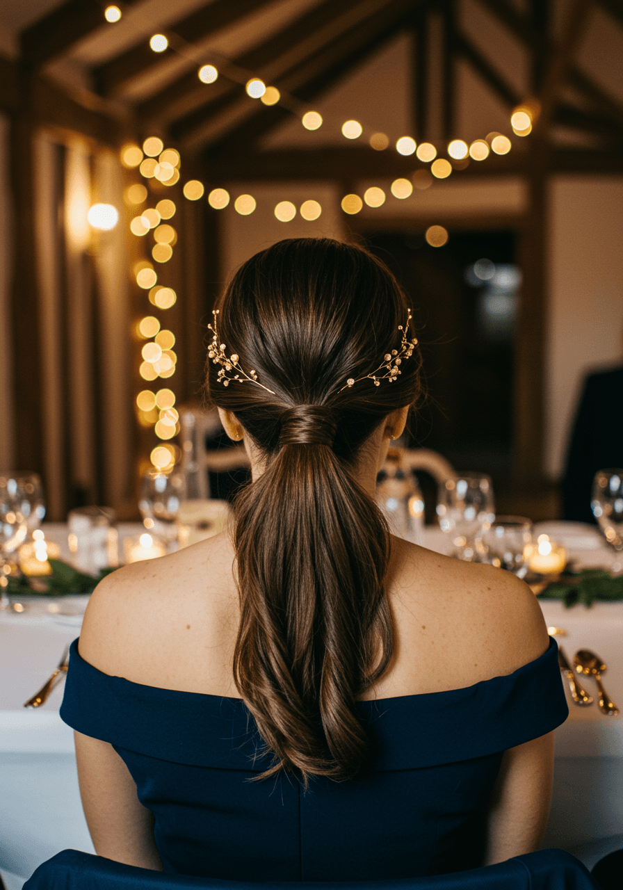 Sleek high ponytail with twisted base detail worn by guest in navy blue dress at rustic barn reception