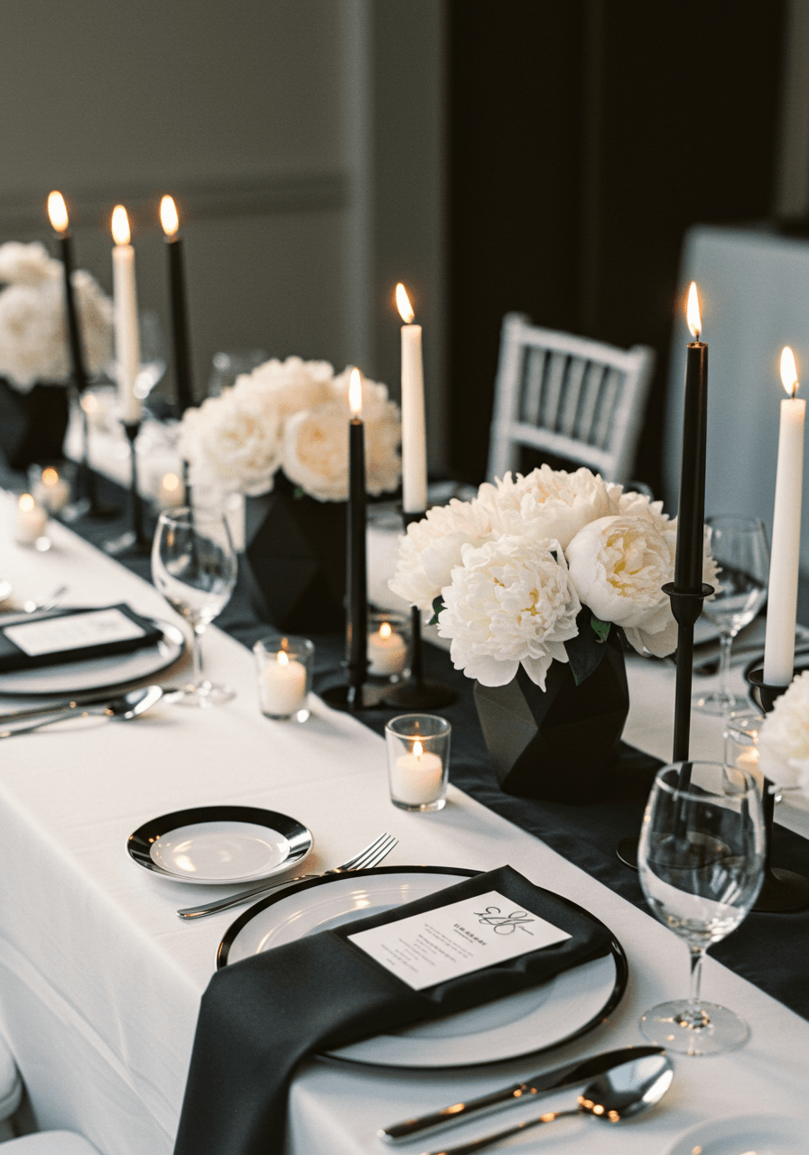 Dramatic black and white colour blocked tablescape with geometric design elements