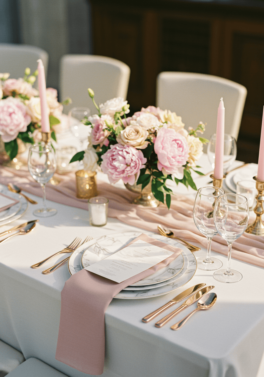 Wedding tablescape featuring blush and dusty rose tones with golden hour lighting