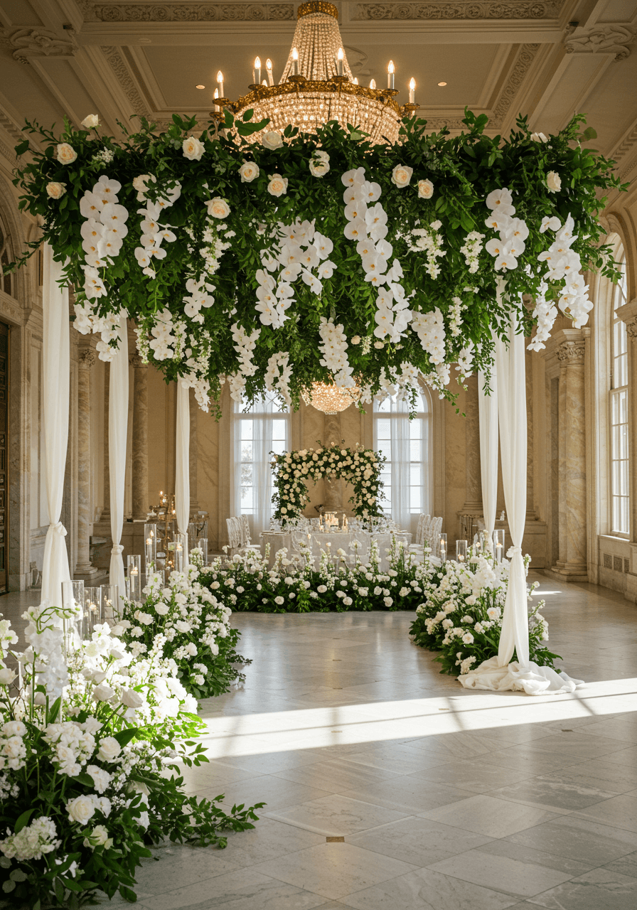 Cascading white orchids flowing from ballroom ceiling to marble floor creating dramatic floral waterfall