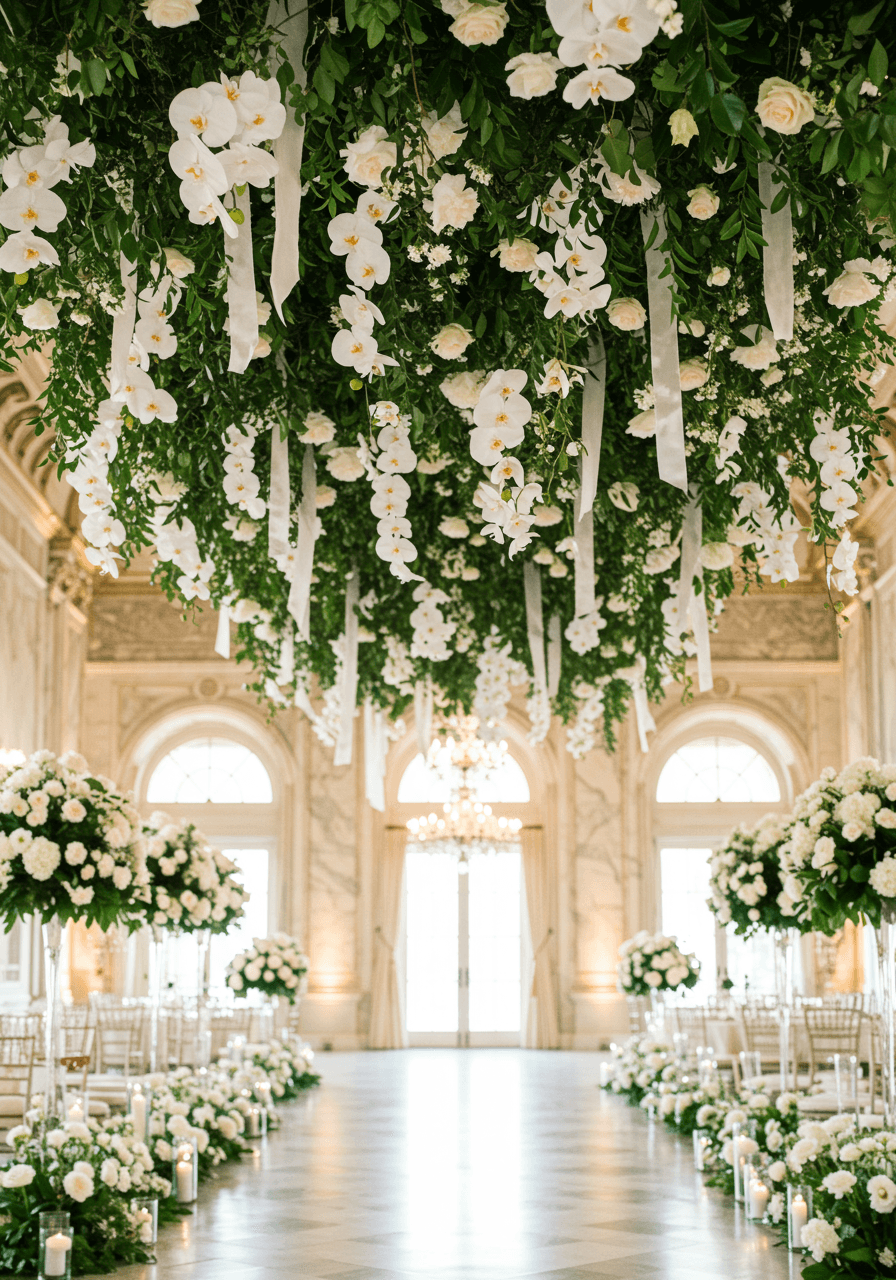 Upward perspective of white orchid and eucalyptus cascade installation in ballroom