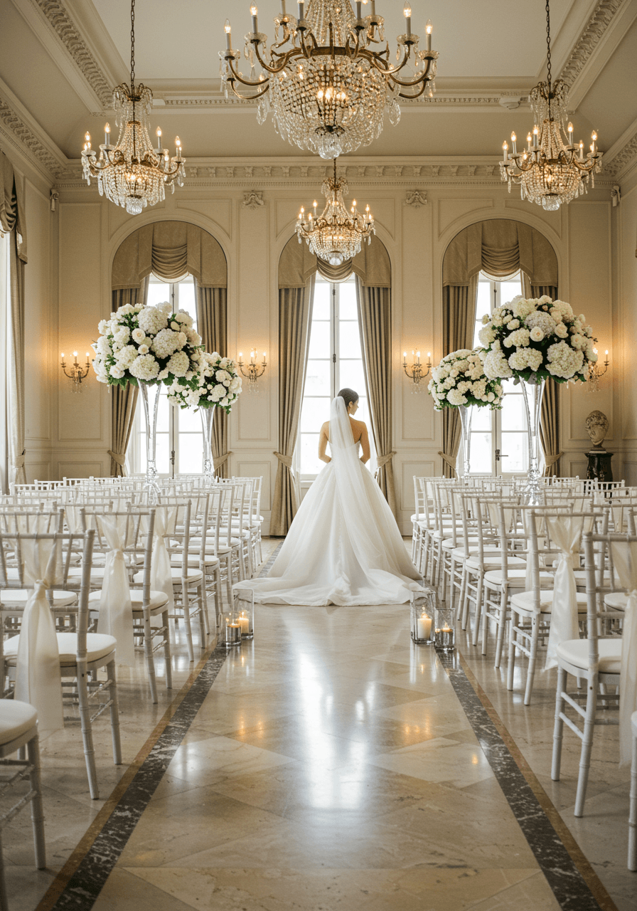 Bride in flowing white gown standing between symmetrical rows of white Chiavari chairs in luxurious ballroom