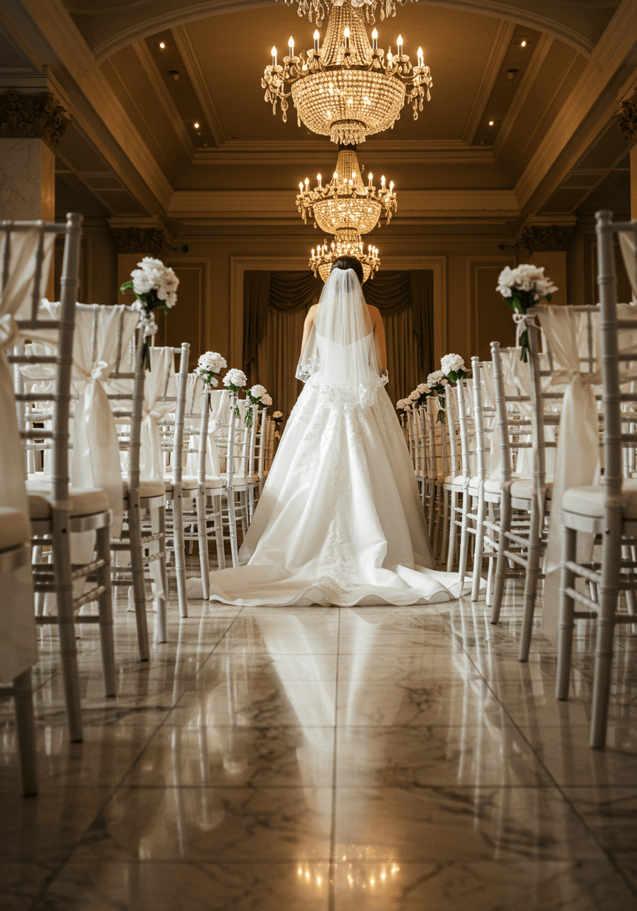 Low angle perspective of bride's gown train flowing down centre aisle between matching white chairs