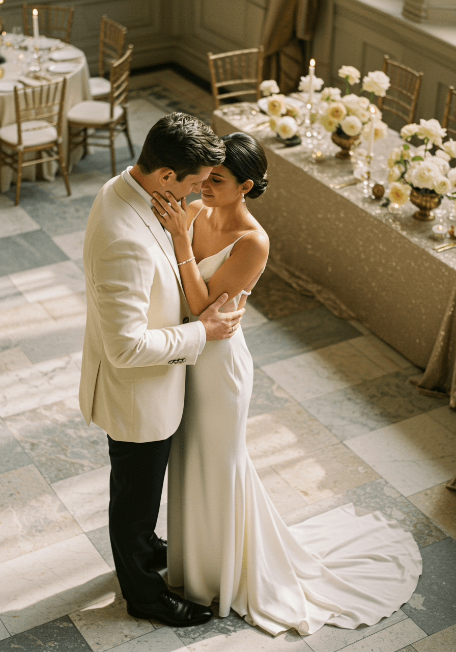Close-up of couple in complementary cream and ivory wedding attire in refined ballroom