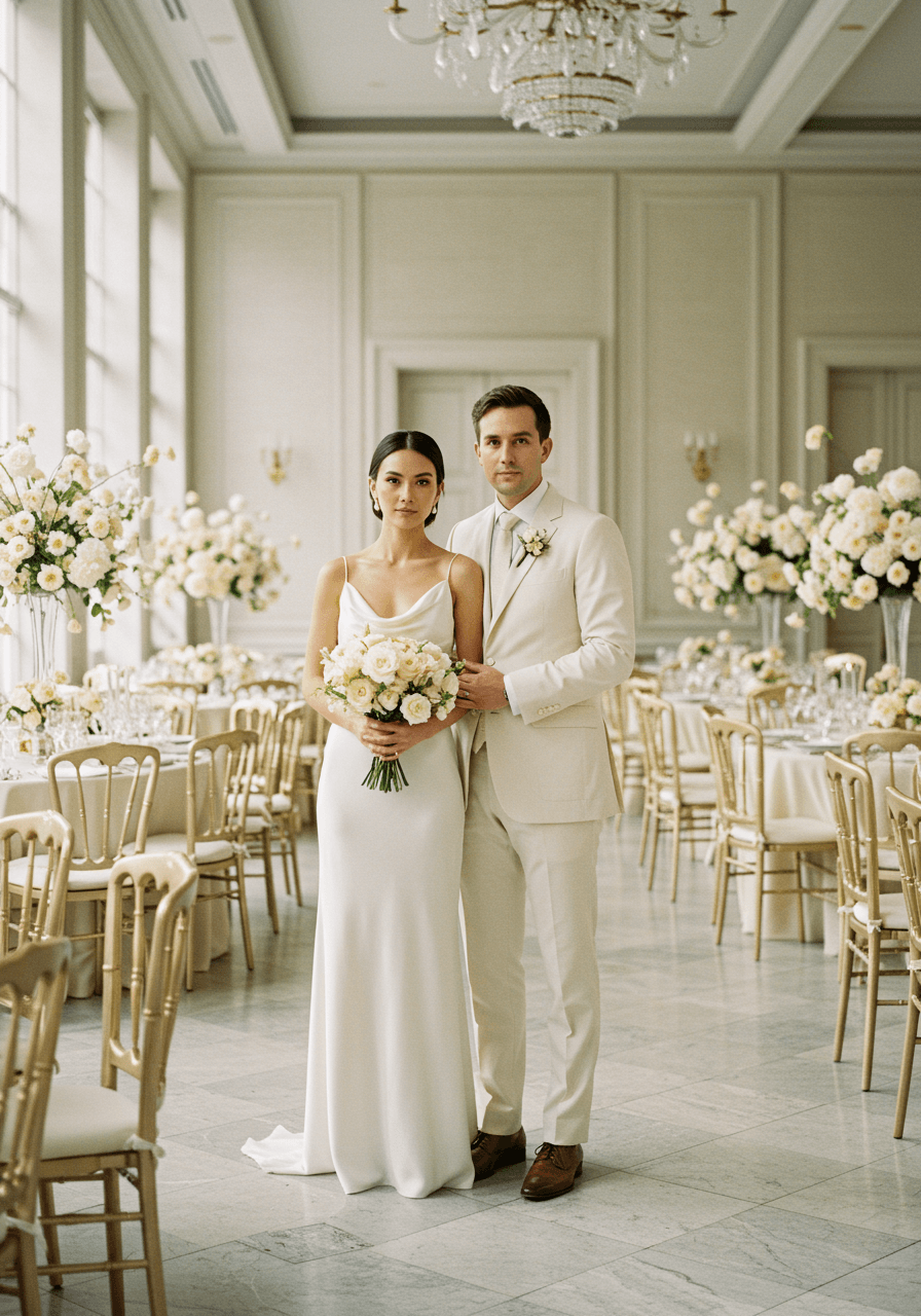 Bride and groom in coordinating ivory tones standing together in elegant ballroom with natural light