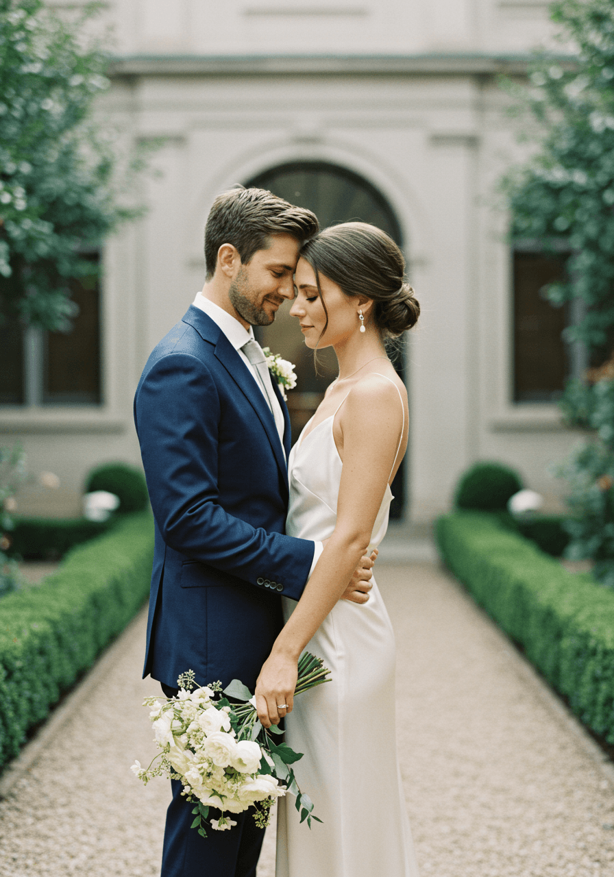 Bride in simple silk slip dress and groom in navy suit walking hand in hand through refined garden
