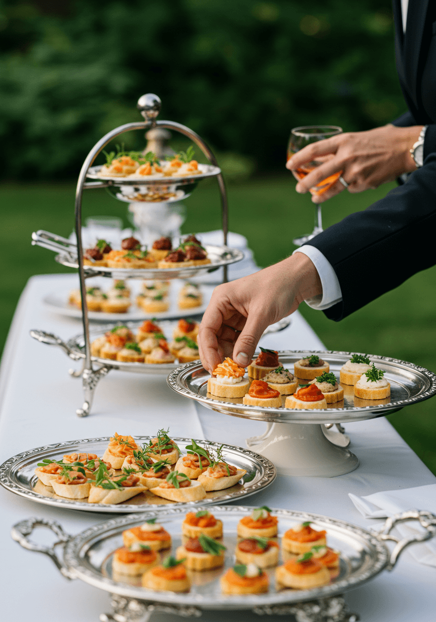 Guests sampling artisanal canapés at beautifully arranged tasting stations in garden pavilion