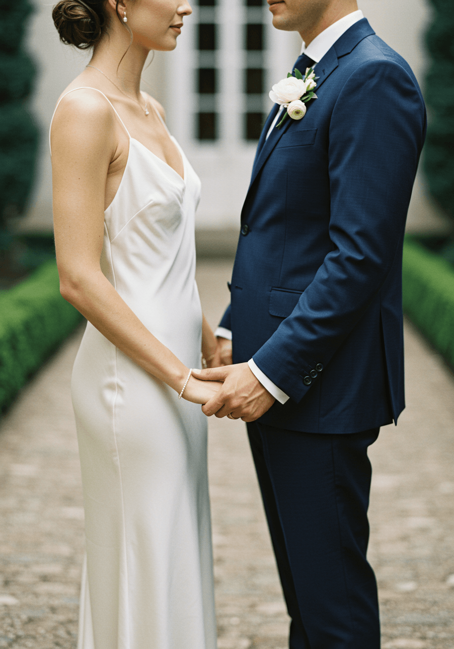Detail of couple's intertwined hands showing minimal pearl jewellery and tailored suit fabric
