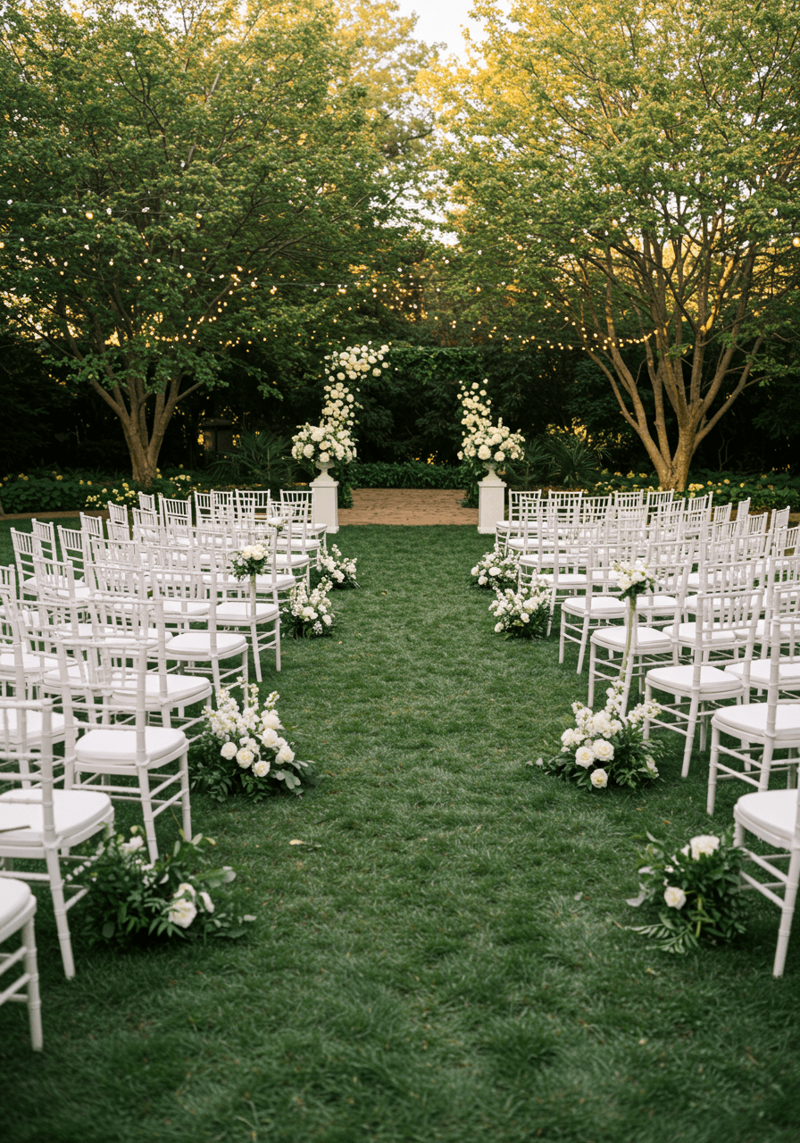 Symmetrical rows of white Chiavari chairs forming curved lines on both sides of garden ceremony aisle