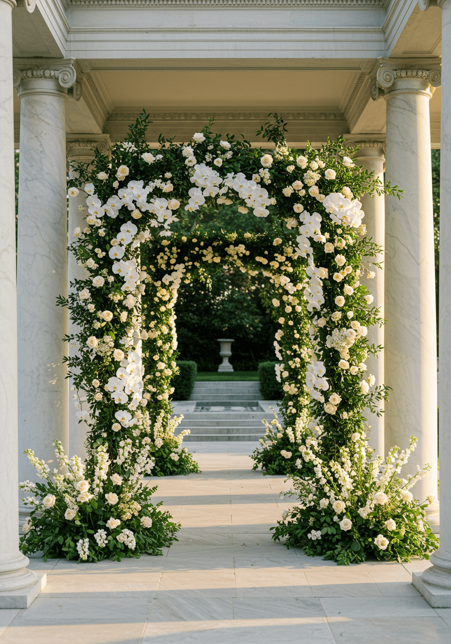 White orchid and greenery archway spanning marble colonnade in garden courtyard