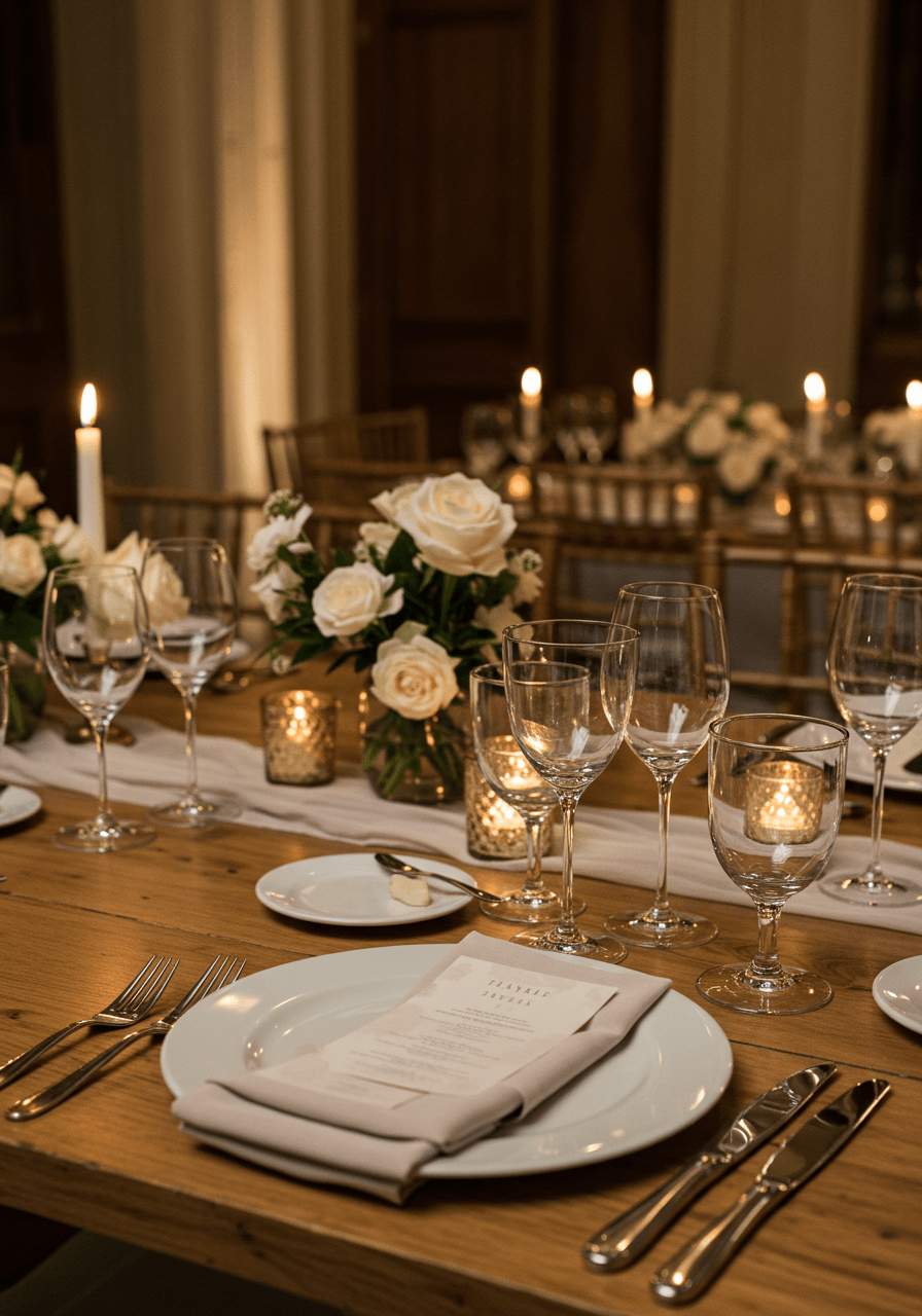 Understated luxury table setting with fine china, crystal stemware, and low white rose arrangement
