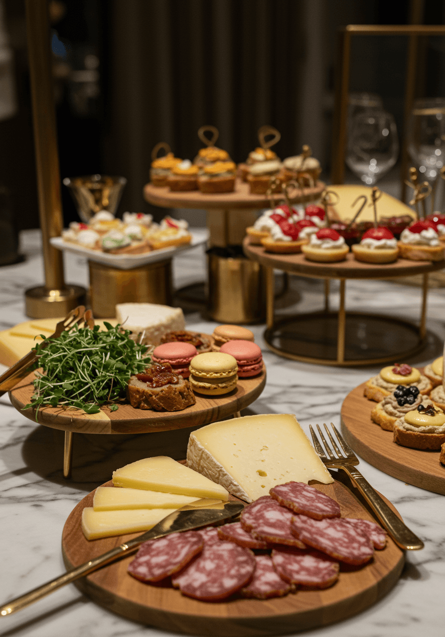 Detail of gourmet tasting station featuring artisanal cheeses and charcuterie on marble surfaces