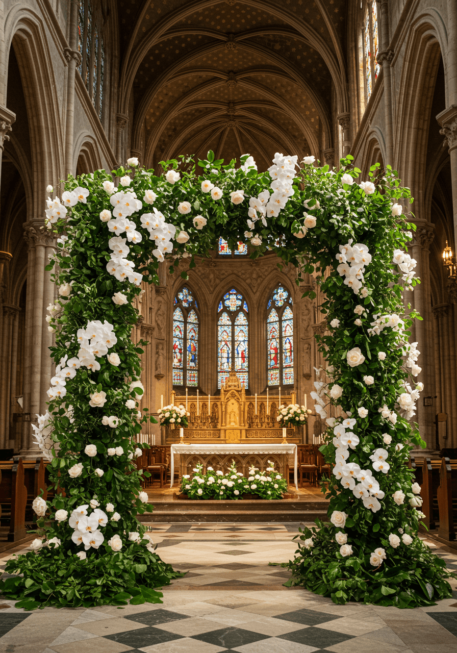 Towering white orchid archway framing altar setup inside grand cathedral interior
