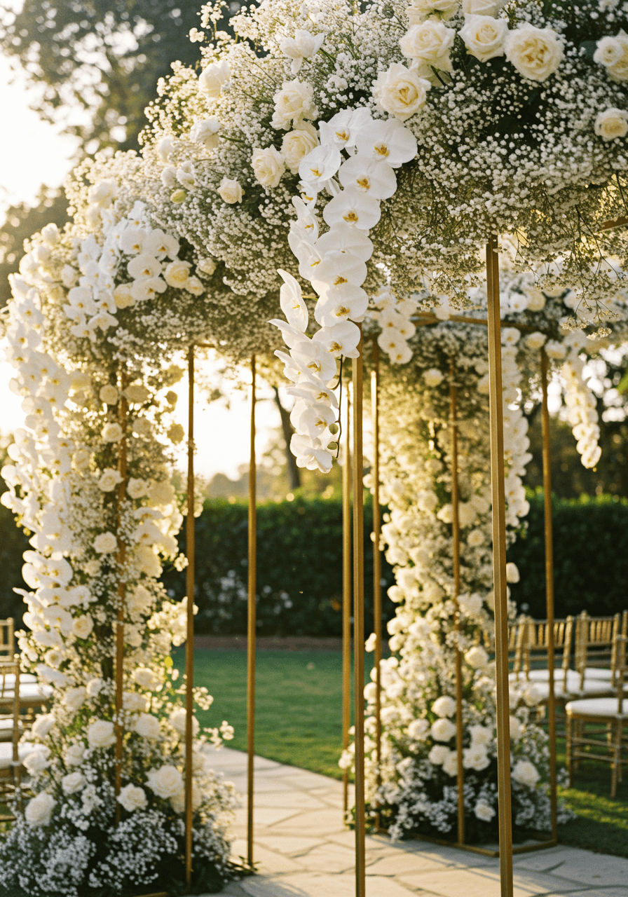 Upward perspective of towering white orchid and baby's breath altar with brass framework